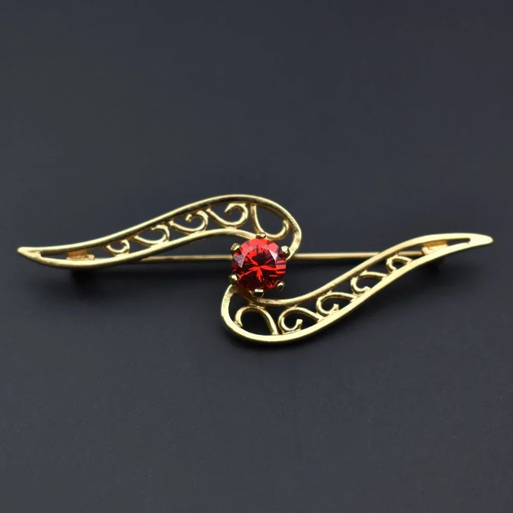 Red crystal brooch gold tone, small fancy rhinestone brooch